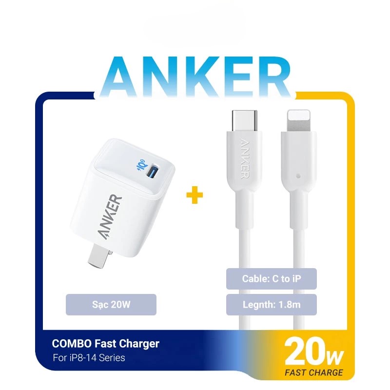 Combo Bộ cáp sạc Anker [Củ Sạc Nhanh Anker PowerPort III Nano 20W và Cáp Sạc Nhanh 20W Anker 310]