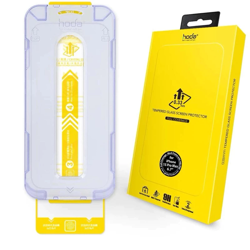 Kính cường lực HODA Trong suốt iPhone 16/15/14 Series [Có Khung Dán] - Viền Đen Siêu Mỏng - Chống xước, va đập