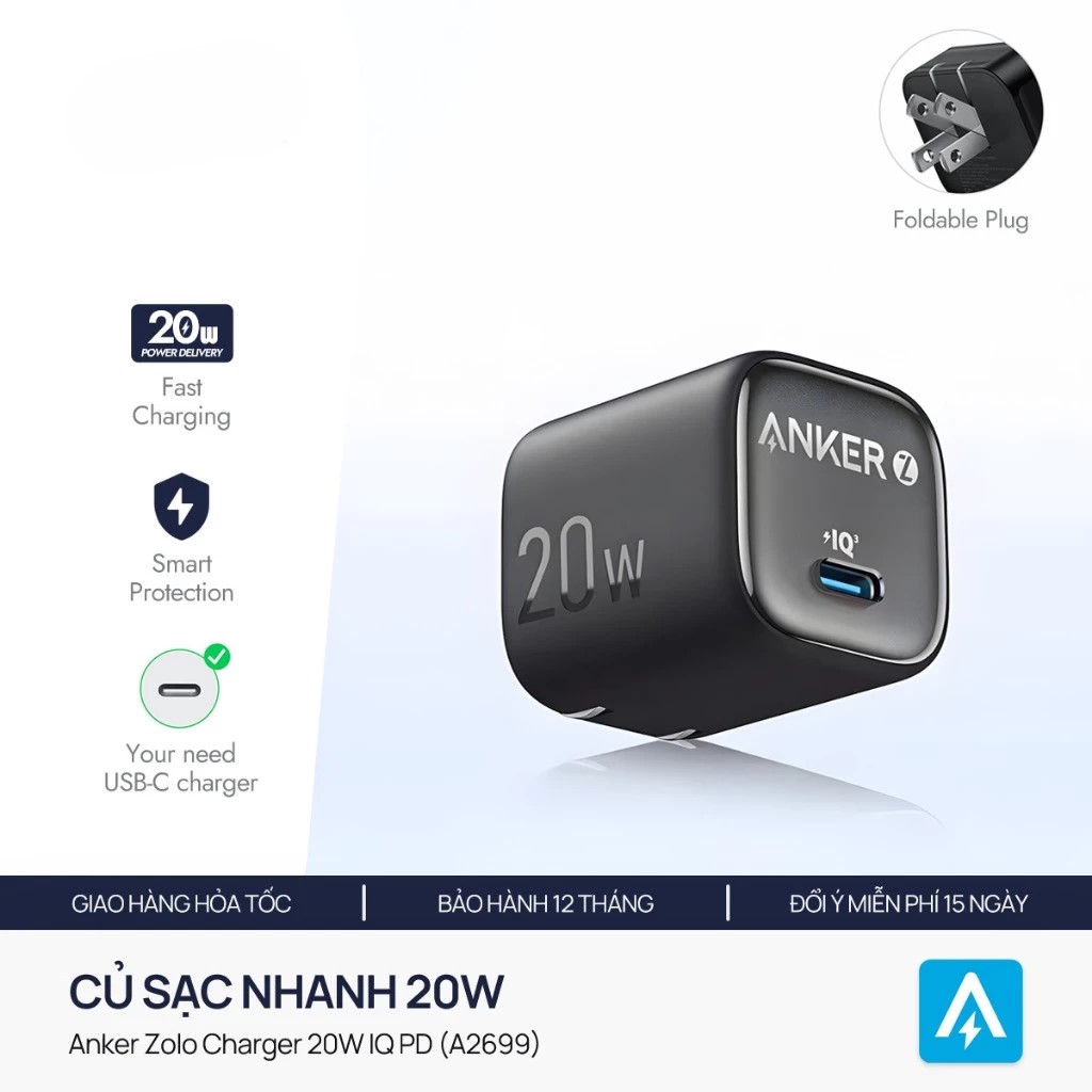 Củ sạc nhanh Anker Zolo 1 cổng Type-C 20W PIQ 3.0 - A2699