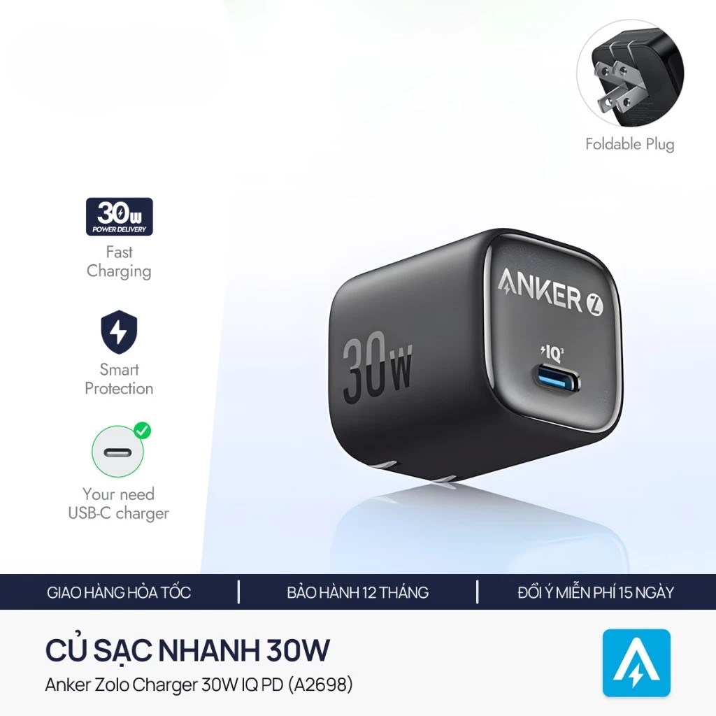 Củ sạc nhanh Anker Zolo 1 cổng Type-C 30W PIQ 3.0 - A2698